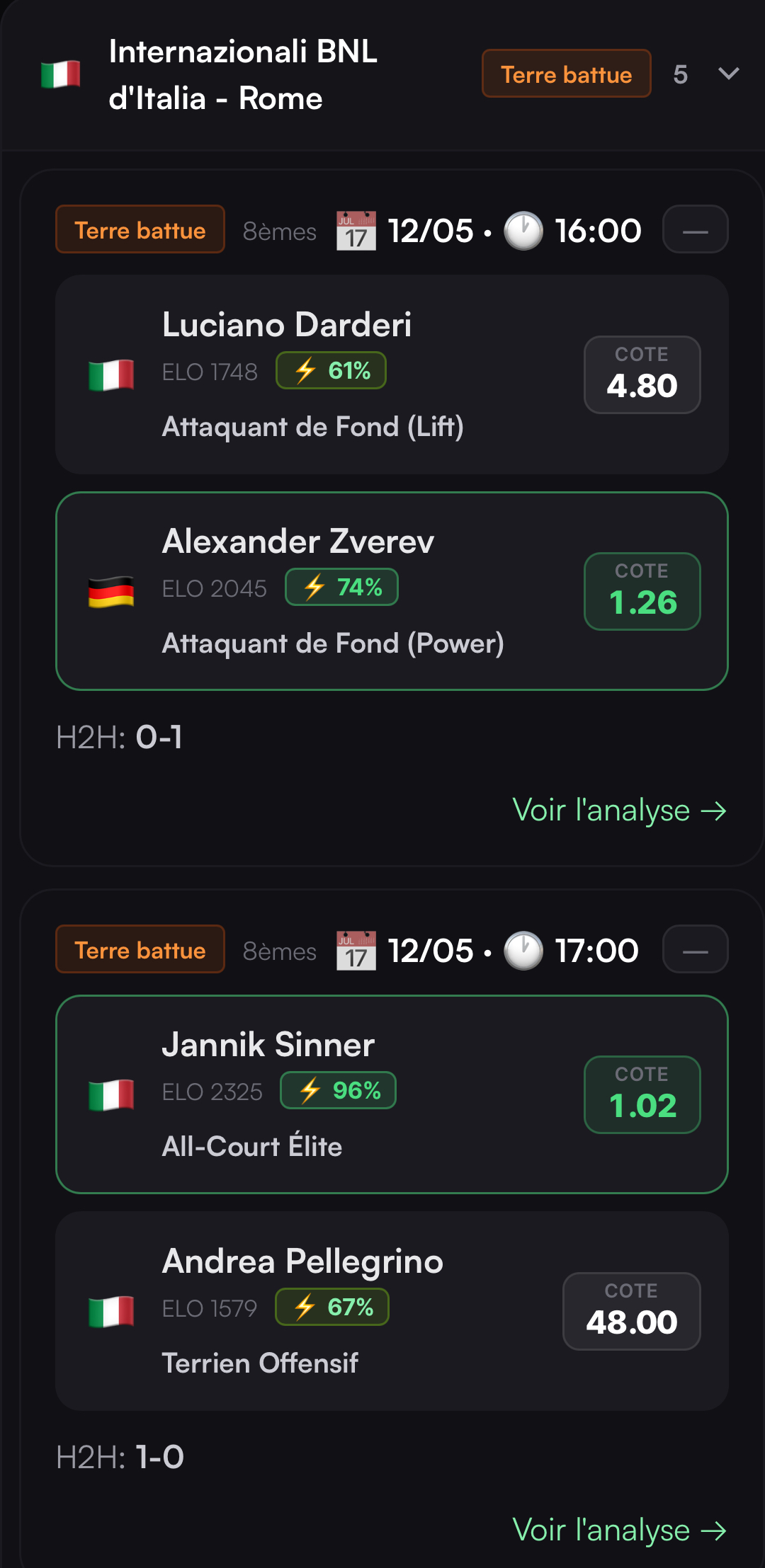 MatchUp Tennis sur iPhone — vue mobile des matchs du jour
